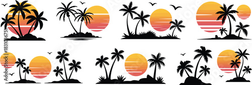 Tropical sunset palm tree silhouette set featuring beach islands, flying birds, and vibrant sun backgrounds in summer vacation vector style.