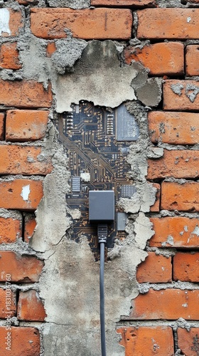 A circuit board is revealed within a brick wall, connected by a cable, symbolizing technology and integration.