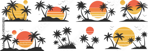 Tropical Sunset Silhouette Set Featuring Palm Trees, Birds, and Vibrant Gradient Suns in Minimalist Decorative Island Scene Style