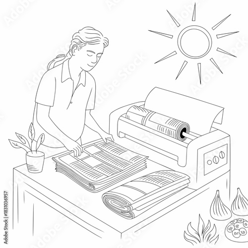 Woman preparing fresh newspaper rolls at printing machine indoors  