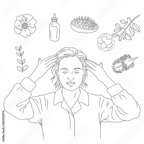 Woman massaging her scalp with fingers in a calm setting  