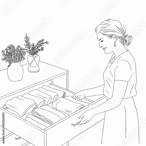 Woman organizing clothes in drawer with flowers on table  