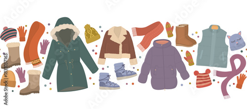 Seamless border with winter clothing elements. Horizontal pattern with warm jackets, boots, knitted mittens, gloves, hats and scarves