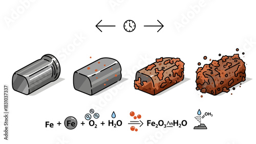 Illustration of iron rusting over time with chemical equation