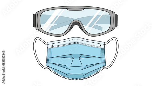 Illustration of blue medical mask and clear safety goggles