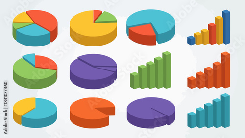 Isometric pie charts and bar graphs in various colors