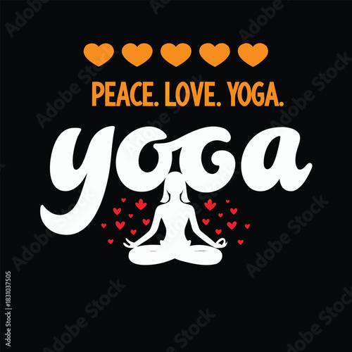 Silhouette woman in lotus pose surrounded by red hearts under Peace Love Yoga text