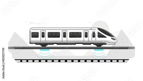 A white bullet train glides over a futuristic magnetic levitation track