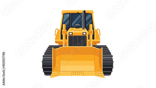 A yellow bulldozer with a wide blade and tracks shown from a front view