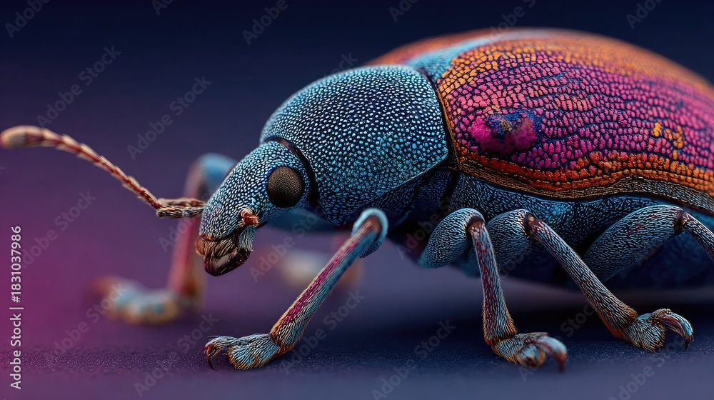 Fototapeta premium Beetle illuminated under ultraviolet neon light, glowing shell and intricate body textures captured in macro close-up with vibrant surreal ambient lighting environment