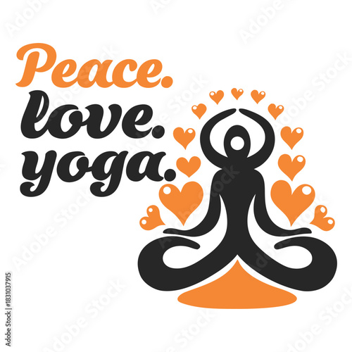 Isolated black yoga pose figure meditates with orange hearts and peace love yoga text