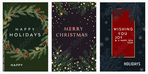 Festive christmas cards with floral wreath and joyful holiday greetings