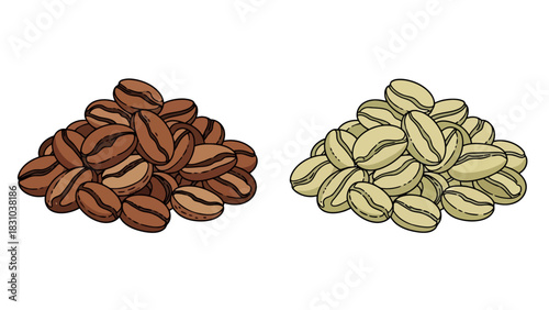 Piles of roasted and unroasted coffee beans