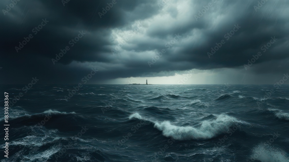 Fototapeta premium Stormy sea with lighthouse under dark clouds