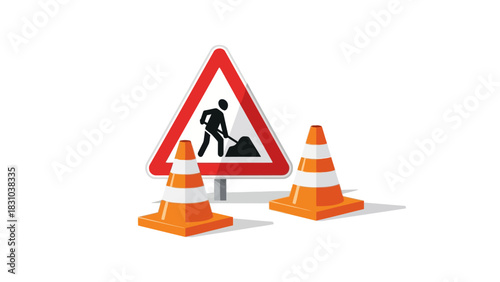 Road work sign with orange traffic cones