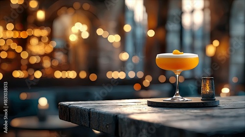 Close-up of a cocktail drink on a wooden table in a bar setting, with blurred bokeh lights in the background. The drink has a foamy top and a garnish.