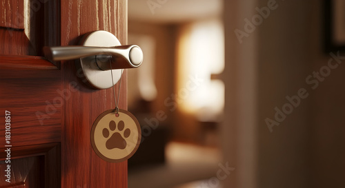 Door ajar revealing a cozy home with a dog paw shaped tag hanging on the handle Warm inviting atmosphere representing pets adoption safety security and welcome Home comfort