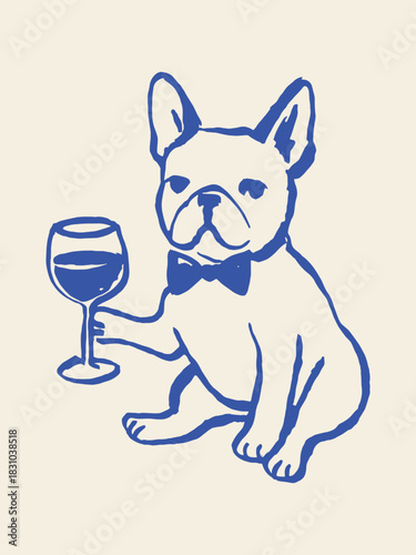 French bulldog with wine glass sketch vector illustration