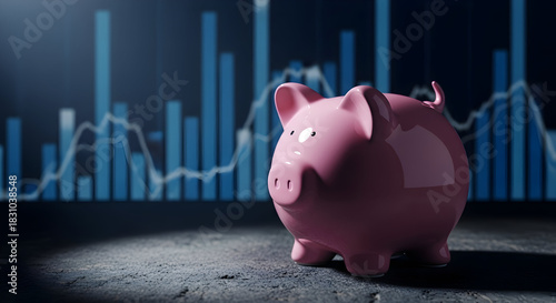 Financial Growth and Savings A Smart Investment Strategy Depicted Through a Pink Piggy Bank Set Against a Backdrop of Data Graphs Indicating Wealth Accumulation