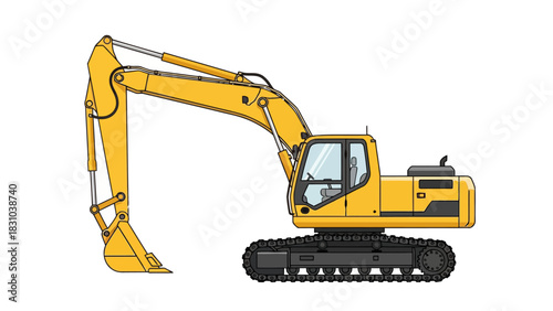 Yellow excavator with black tracks on a white background