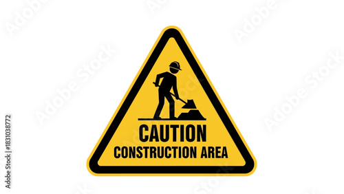 Yellow triangular caution sign with black border showing construction worker