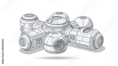 White modular space station with spherical and cylindrical modules