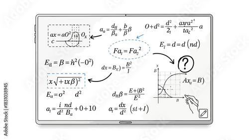 Whiteboard with mathematical formulas equations diagrams and a question mark