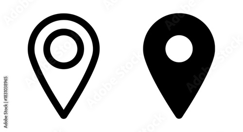Black and white image of two geolocation markers isolated on a transparent background. Symbolizing location, navigation, and mapping concepts for travel and technology.