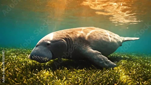 Majestic dugong or sea cow calmly grazing on the green seagrass meadow on the ocean floor, illuminated by golden sunlight, perfect for nature documentaries and conservation projects.