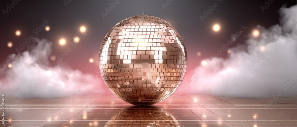Obraz premium Disco ball shines brightly on a dance floor as colorful lights create a festive atmosphere during a vibrant night party