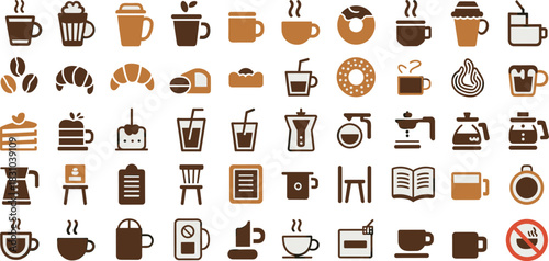Coffee Icon Set Featuring Cups, Beans, Makers, Pastries, and Café Essentials in Brown, Beige, and Black Editable Vector Style