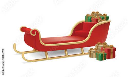 3D Santa Claus Sleigh icon. Red Christmas carriage with gift boxes
