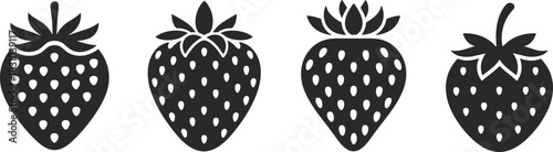 Collection of Artistic Strawberry Silhouettes Featuring Unique Leaf Shapes and Seed Patterns for Culinary, Botanical, and Graphic Design Use