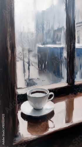 A white coffee cup and saucer sit on a windowsill, with a blurred cityscape visible through the window. The painting has a moody, overcast atmosphere.