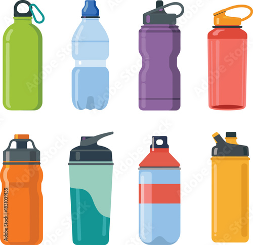 Collection of colorful reusable water bottles featuring various shapes, lids, and materials, illustrating hydration containers for sports, travel, outdoor, and everyday use
