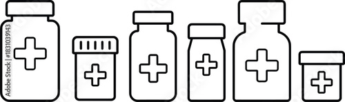 Collection of medical pharmacy bottles with cross symbols in simple outline style, representing medicine containers, healthcare packaging, and prescription storage