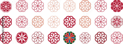 Colorful geometric floral icons arranged in a seamless pattern featuring bold outlines, decorative symmetry, abstract petals, and vibrant ornamental graphic elements