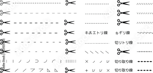 Collection of scissors cut lines and dashed border styles including perforation marks, decorative cutting guides, and various editable stroke patterns