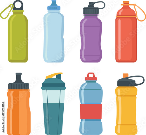 Colorful Water Bottles with Unique Lid Designs and Shapes for Fitness, Outdoor, Lifestyle, and Product Packaging Visual Concepts