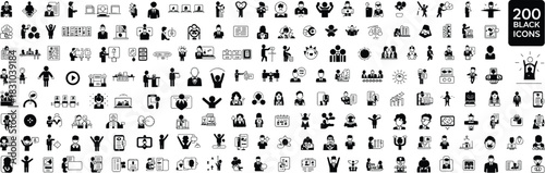 Comprehensive Black Icon Set of 200 Business, Communication, Teamwork, and Technology Symbols for Professional, Digital, and Presentation Design Use