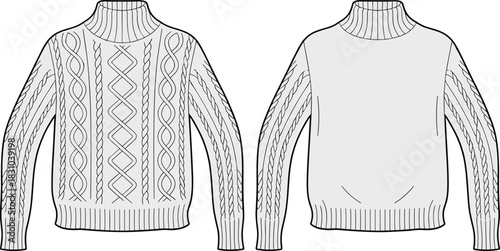 Cozy cable knit sweater CAD design, detailed fashion flat sketch, technical garment illustration, winter clothing template for designers, editable vector drawing, high-quality outline
