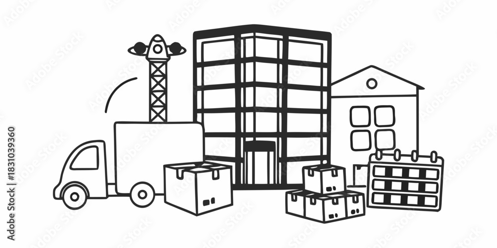 Fototapeta premium Schematic illustration of a business relocation process, featuring a delivery truck, cargo boxes, and modern office buildings with a crane