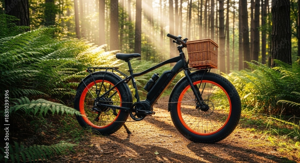 Fototapeta premium Fat tire electric bike with basket in forest sunlight