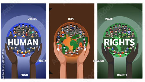 Hands cradling crowds and earth representing human rights justice and peace