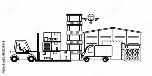 Global logistics network conceptual illustration featuring warehouse operations, ground transport, and air freight services
