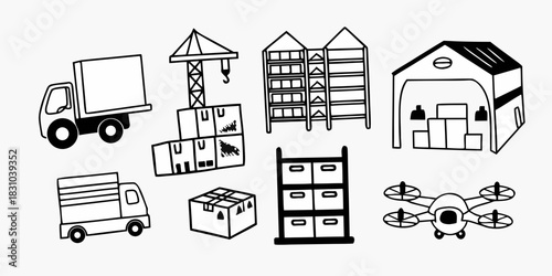 Hand-drawn icon set illustrating the logistics and supply chain industry, featuring warehouse storage, freight transport, and drone delivery
