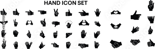 Hand gesture icon set featuring various signs, expressions, finger poses, communication symbols, silhouette hands, and creative gesture illustrations for design use.