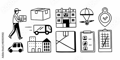 Delivery and Shipping Icons Express Mail, Transportation, Logistics, and Package Handling