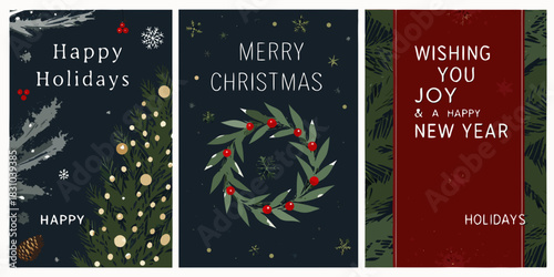 Festive holiday cards with christmas trees wreaths and seasonal greetings