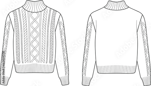 Knitted sweater front and back view, turtleneck collar, cable knit with braided and diamond patterns, cad drawing flat vector illustration